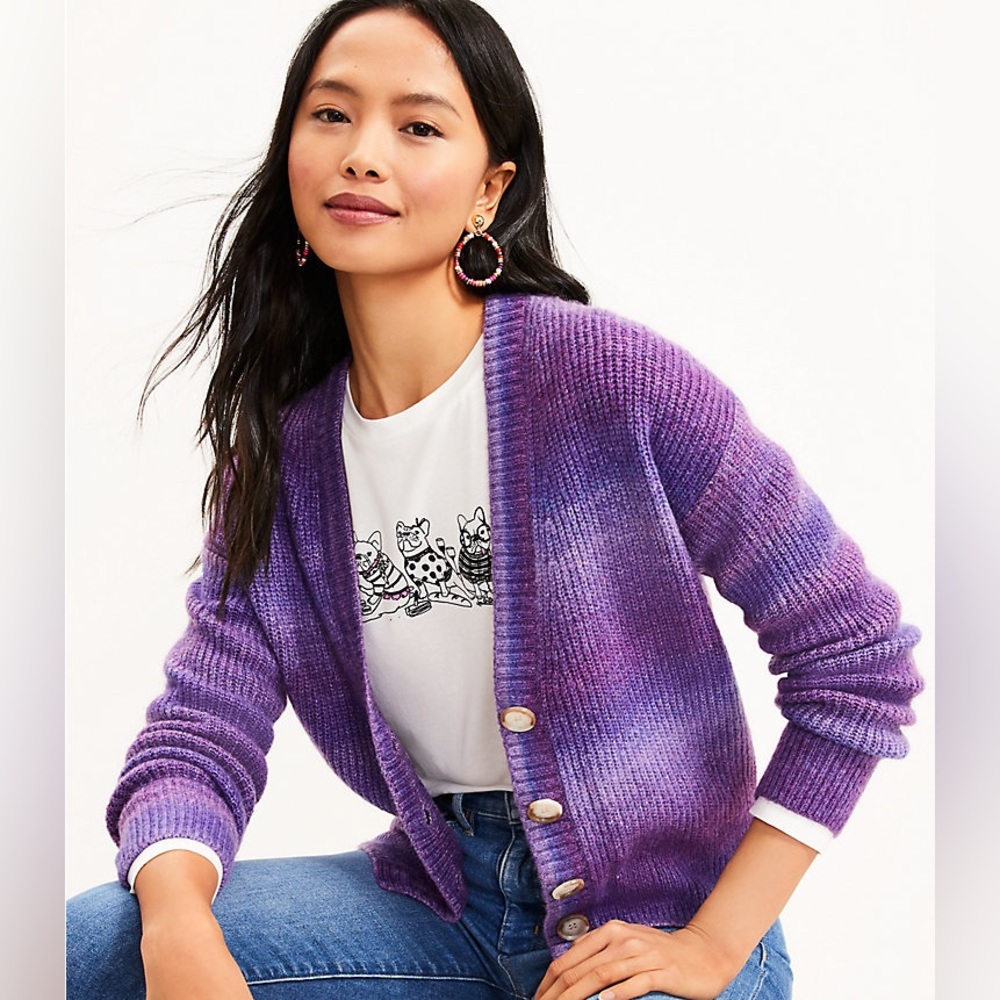 Loft Spacedye Ribbed V-Neck Cardigan, NWT